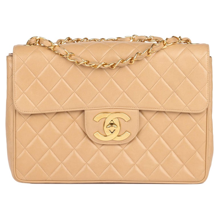 CHANEL Beige Quilted Lambskin Vintage Jumbo XL Classic Single Flap Bag
