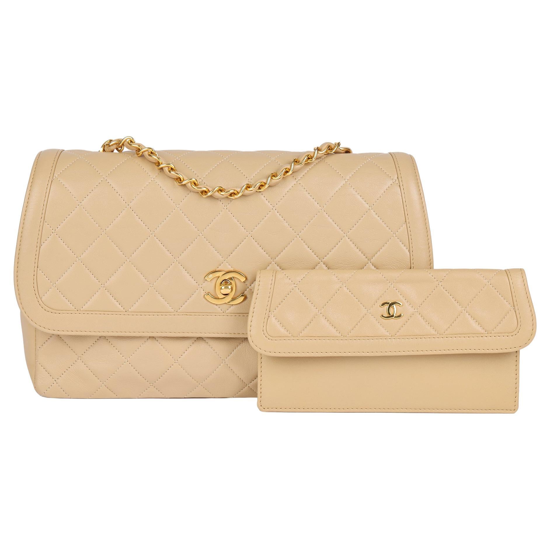 CHANEL Beige Quilted Lambskin Vintage Medium Classic Single Flap Bag with Wallet