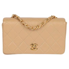 Chanel - Mini sac à main vintage en cuir d'agneau matelassé, rectangulaire et à rabat intégral - Beige