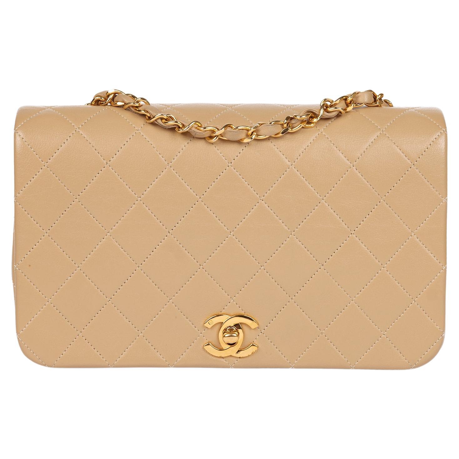 Chanel  Beige Quilted Lambskin Vintage Small Classic Single Full Flap Bag For Sale