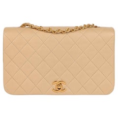 Chanel Beige Trapuntata in pelle d'agnello Vintage Piccola Classica Singola con Patta Completa