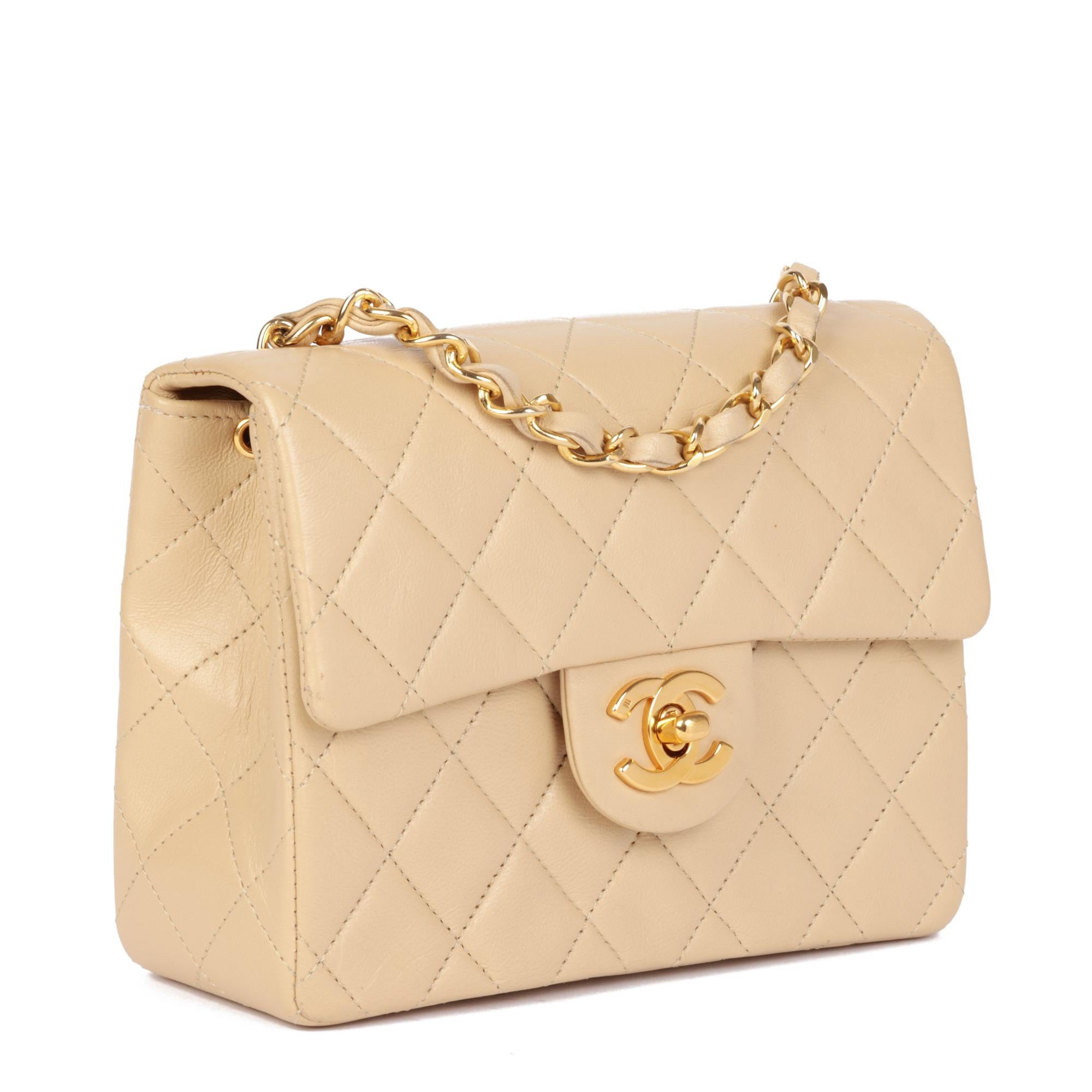 CHANEL
Beige Quilted Lambskin Vintage Square Mini Flap Bag

Serial Number: 1191025
Age (Circa): 1990
Accompanied By: Chanel Dust Bag, Protective Felt 
Authenticity Details: Serial Sticker (Made in France)
Gender: Ladies
Type: Shoulder,