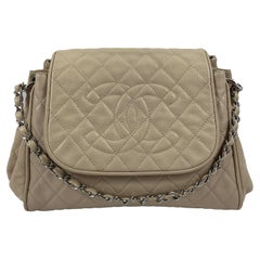 CHANEL Beige Quilted Large / Jumbo Caviar Leather Accordion Flap Shoulder Bag