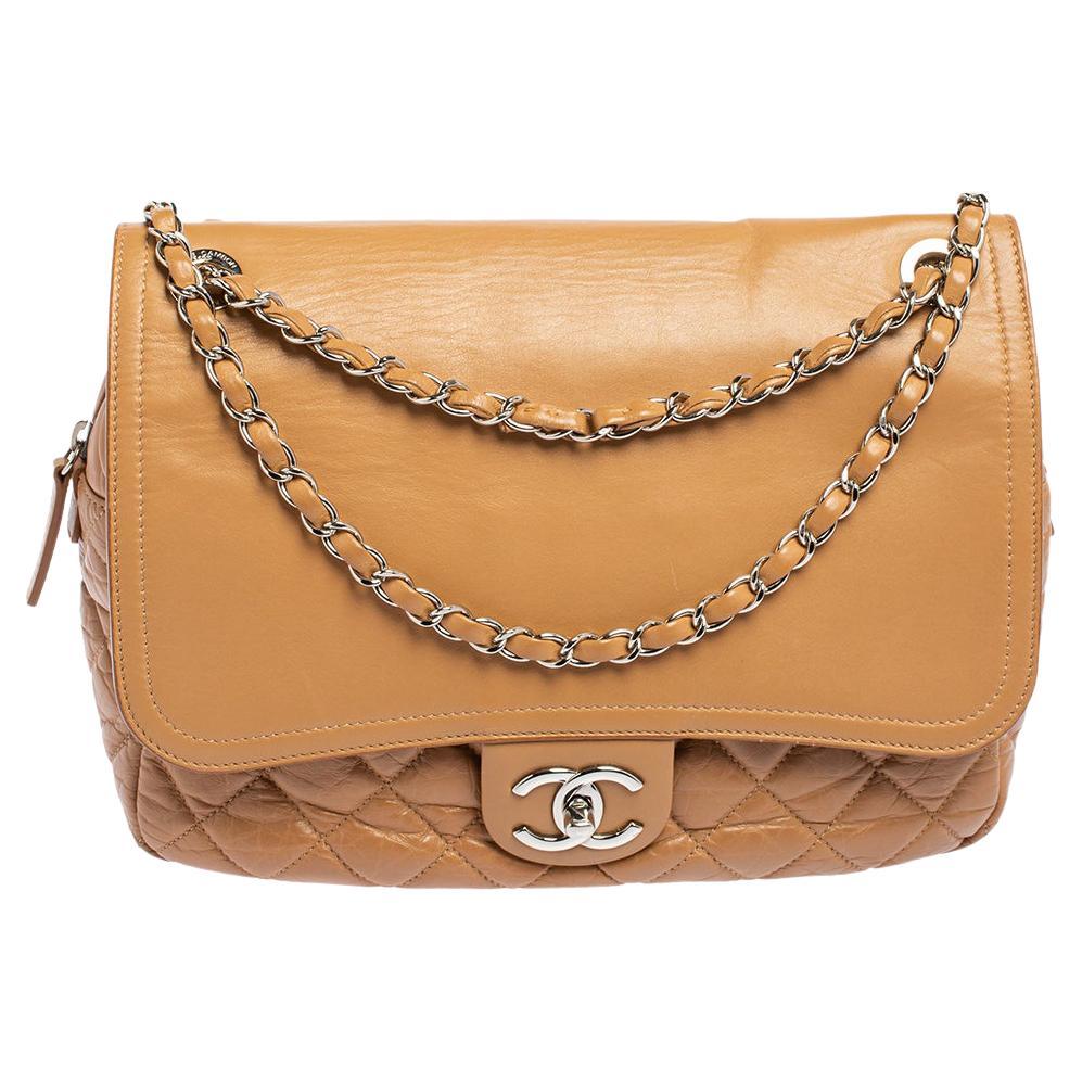 Chanel Beige Quilted Leather And Leather Jumbo Easy Flap Bag
