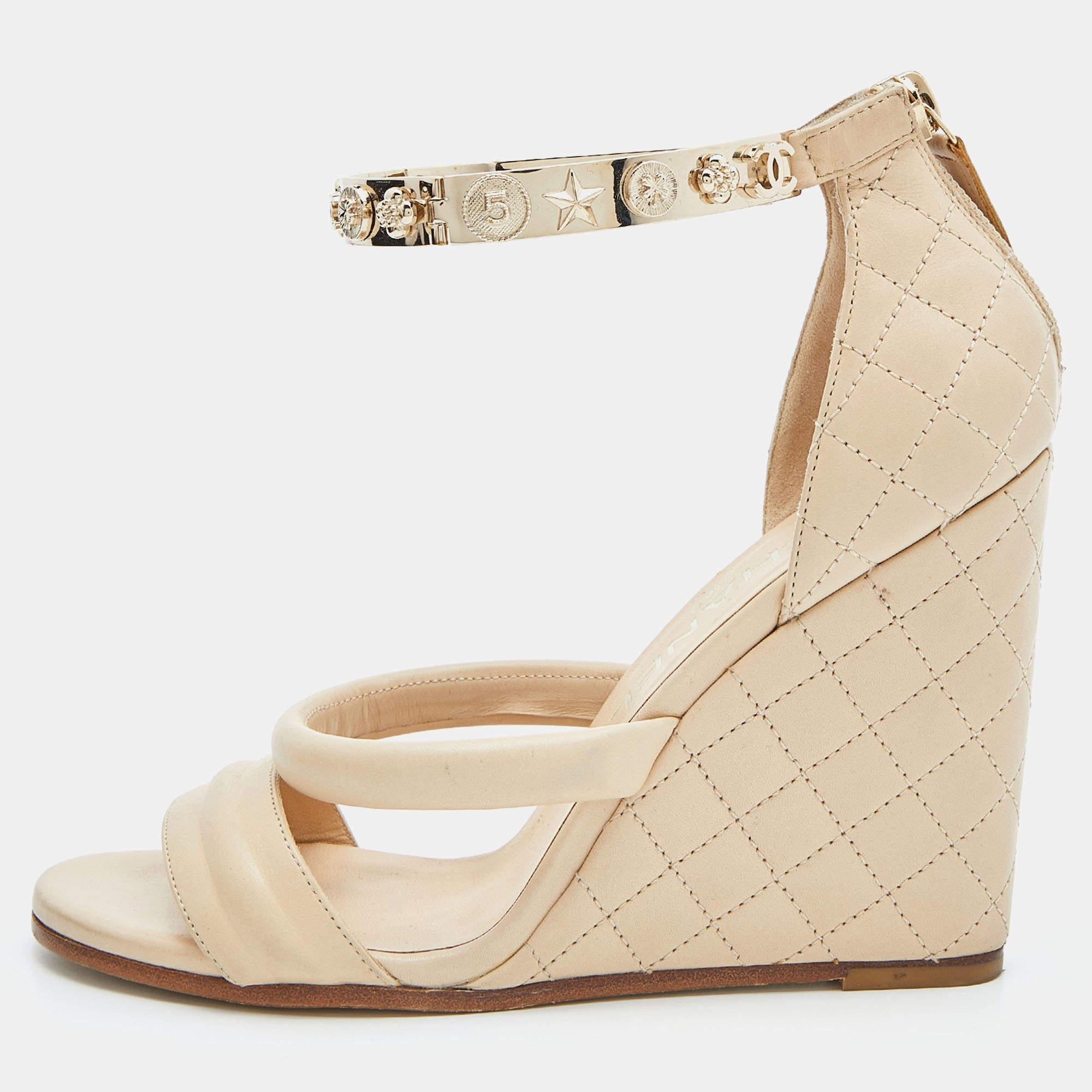 Chanel Beige Quilted Leather Bracelet Ankle Strap Wedge Sandals Size 36 3