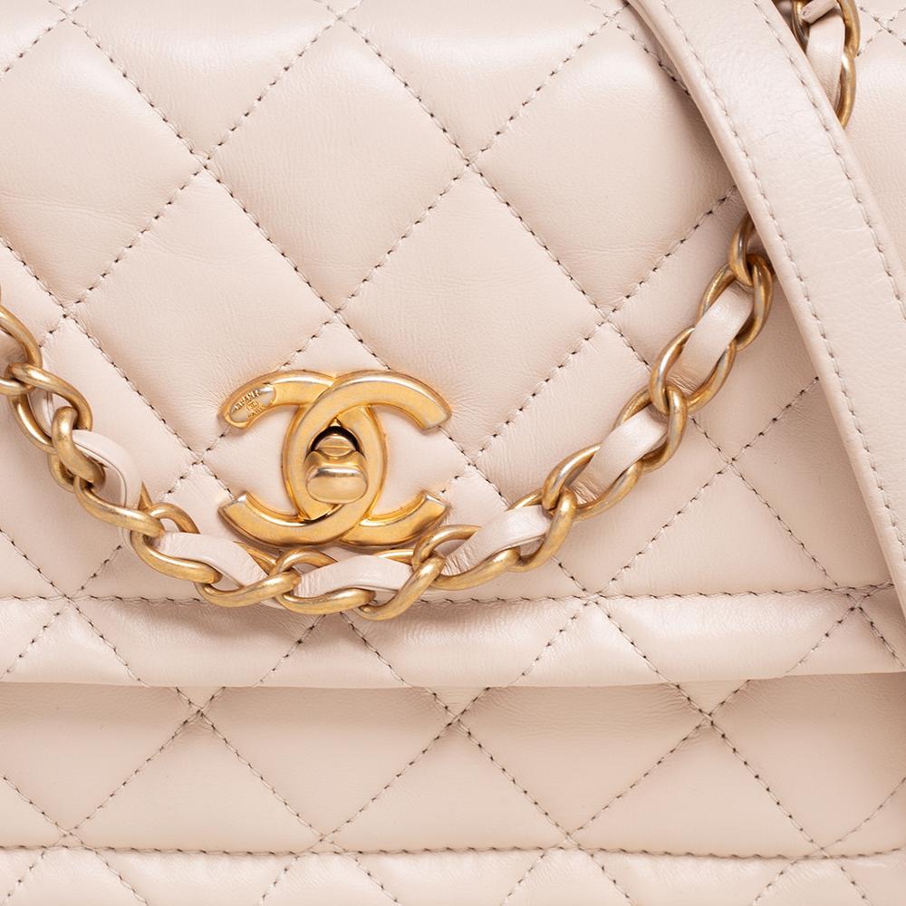 Women's Chanel Beige Quilted Leather Button Top Flap Bag