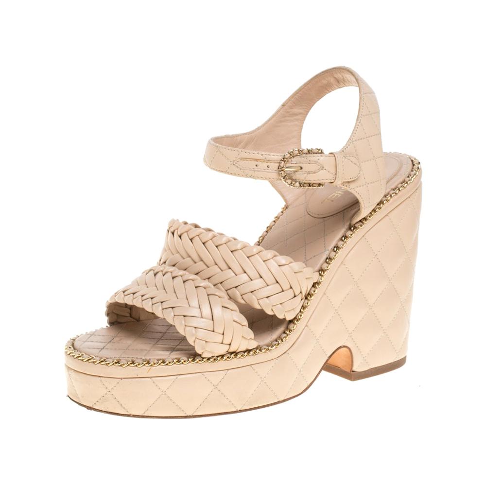 Chanel Beige Quilted Leather CC Chain Around Wedge Platform Sandals Size 38  at 1stDibs