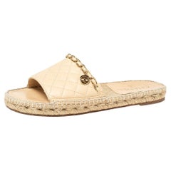 Chanel Beige Quilted Leather CC Chain Flat Espadrille Slides Size 38