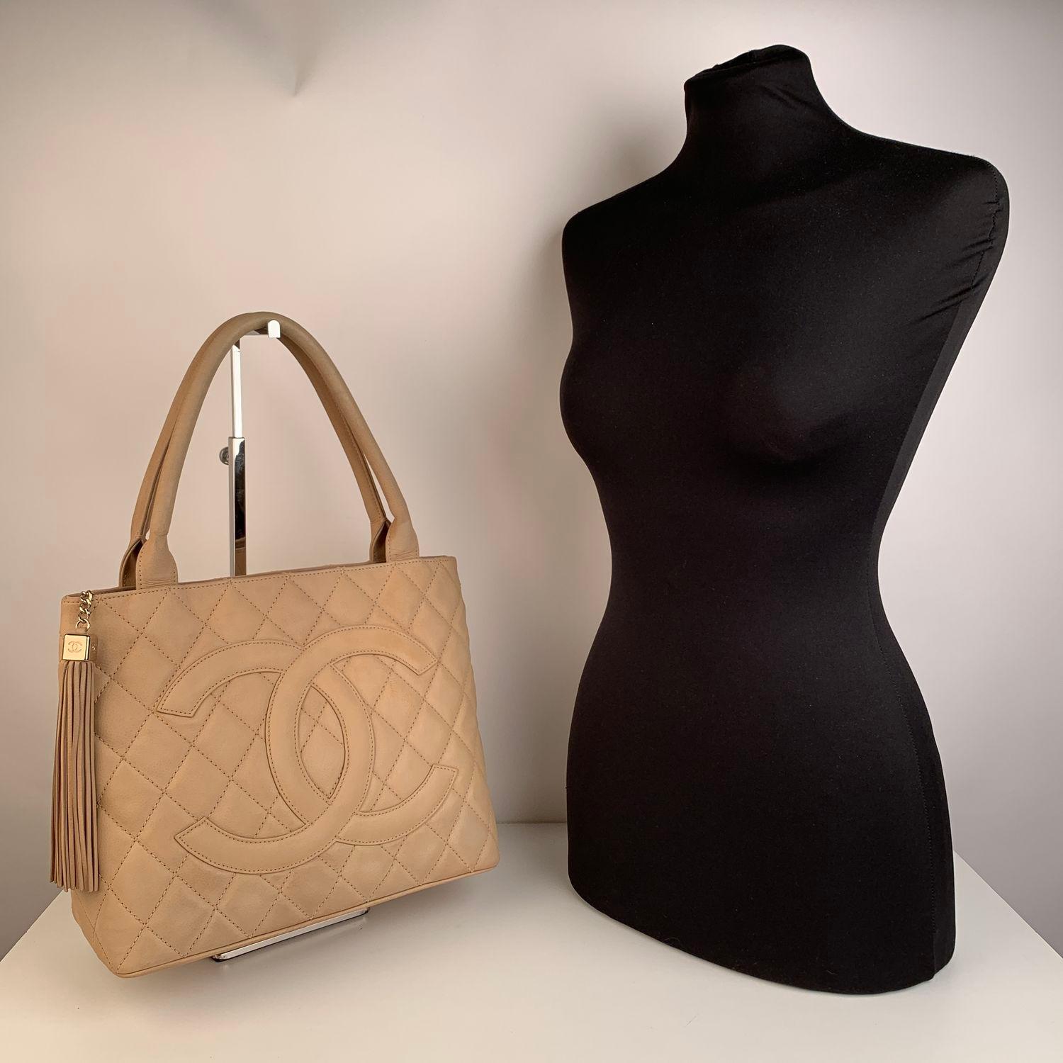 Chanel Beige Quilted Leather CC Logo Tote Shoulder Bag 1