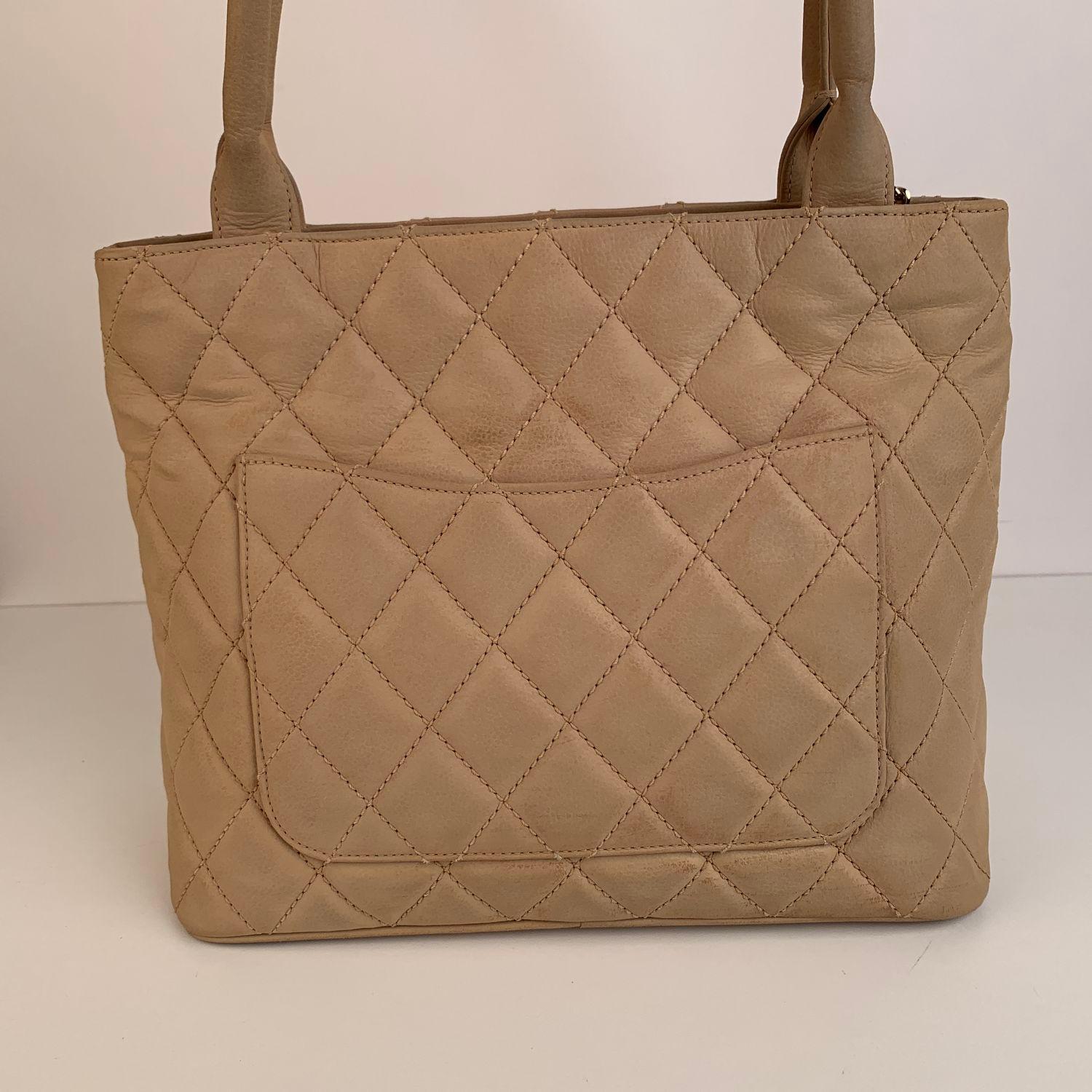 Chanel Beige Quilted Leather CC Logo Tote Shoulder Bag 4