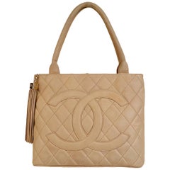 Chanel Beige Quilted Leather CC Logo Tote Shoulder Bag