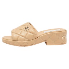 Chanel Beige Quilted Leather CC Platform Slide Sandals Size 38