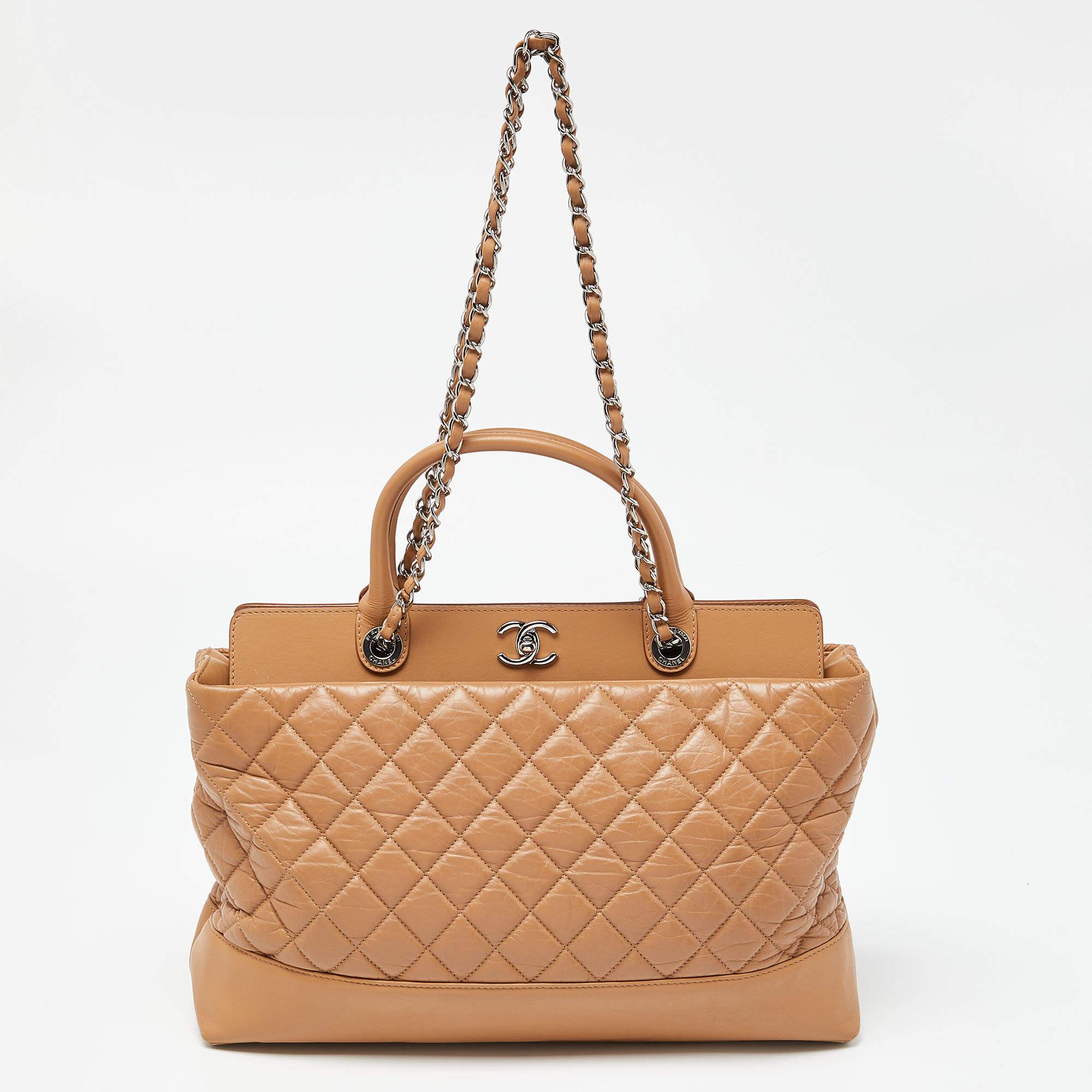 Chanel Beige Quilted Leather CC Shopper Tote For Sale 8