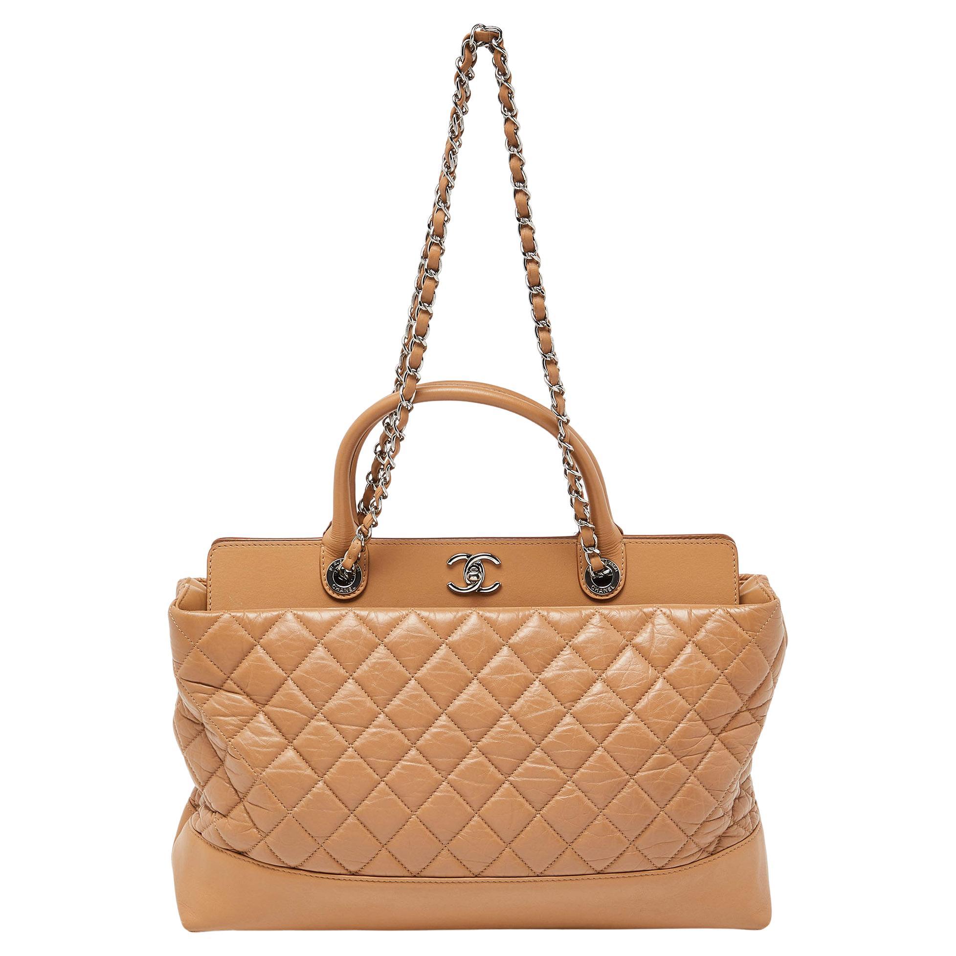Chanel Beige Quilted Leather CC Shopper Tote For Sale