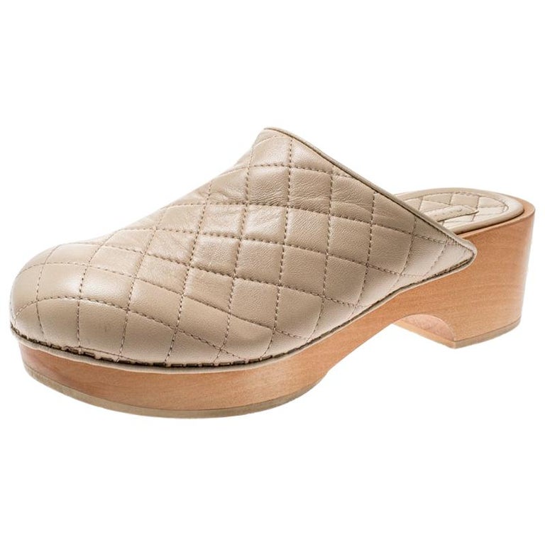 Chanel Beige Quilted Leather CC Wooden Platform Clogs Size 38 For