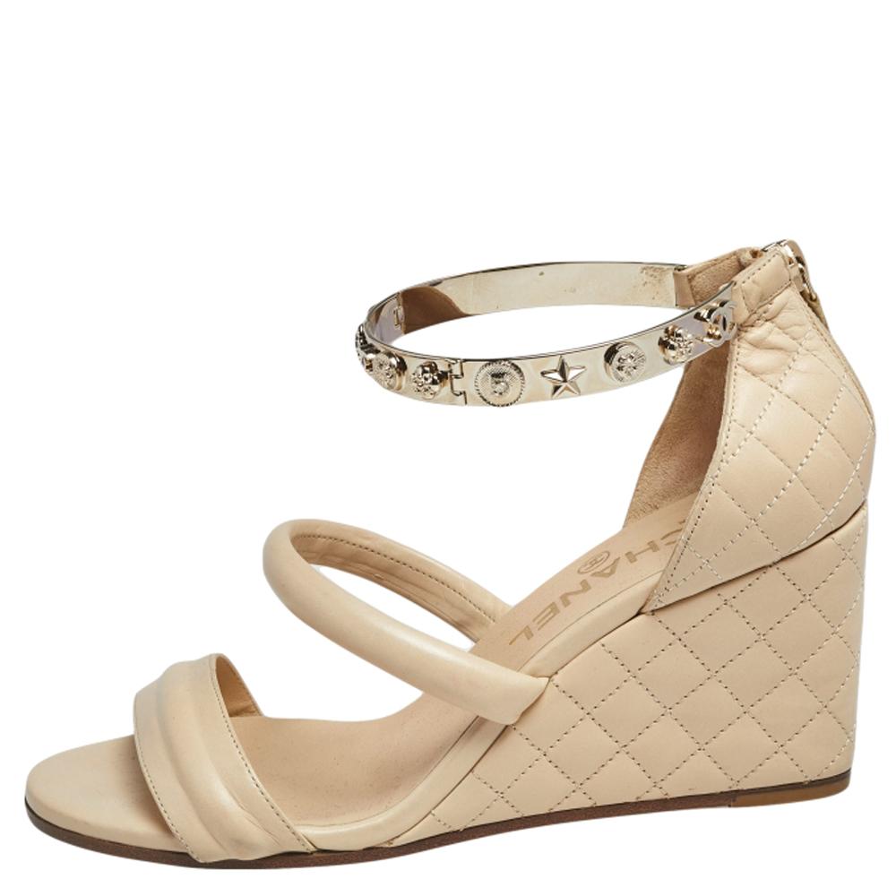 Women's Chanel Beige Quilted Leather Charm Embellished Ankle Cuff Wedge Sandals Size 37