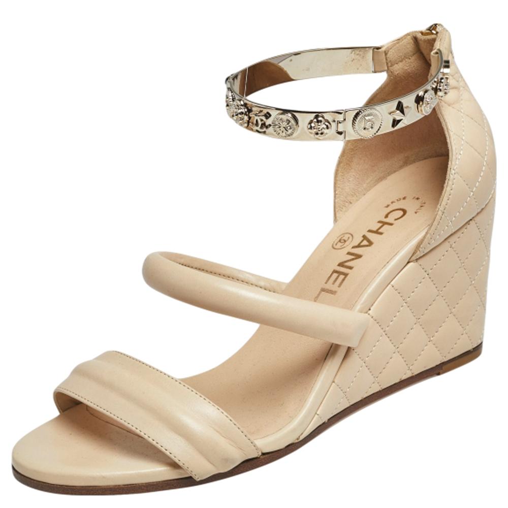 Chanel Beige Quilted Leather Charm Embellished Ankle Cuff Wedge Sandals Size 37