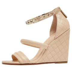 Chanel Beige Quilted Leather Charm Embellished Ankle Cuff Wedge Sandals Size 39