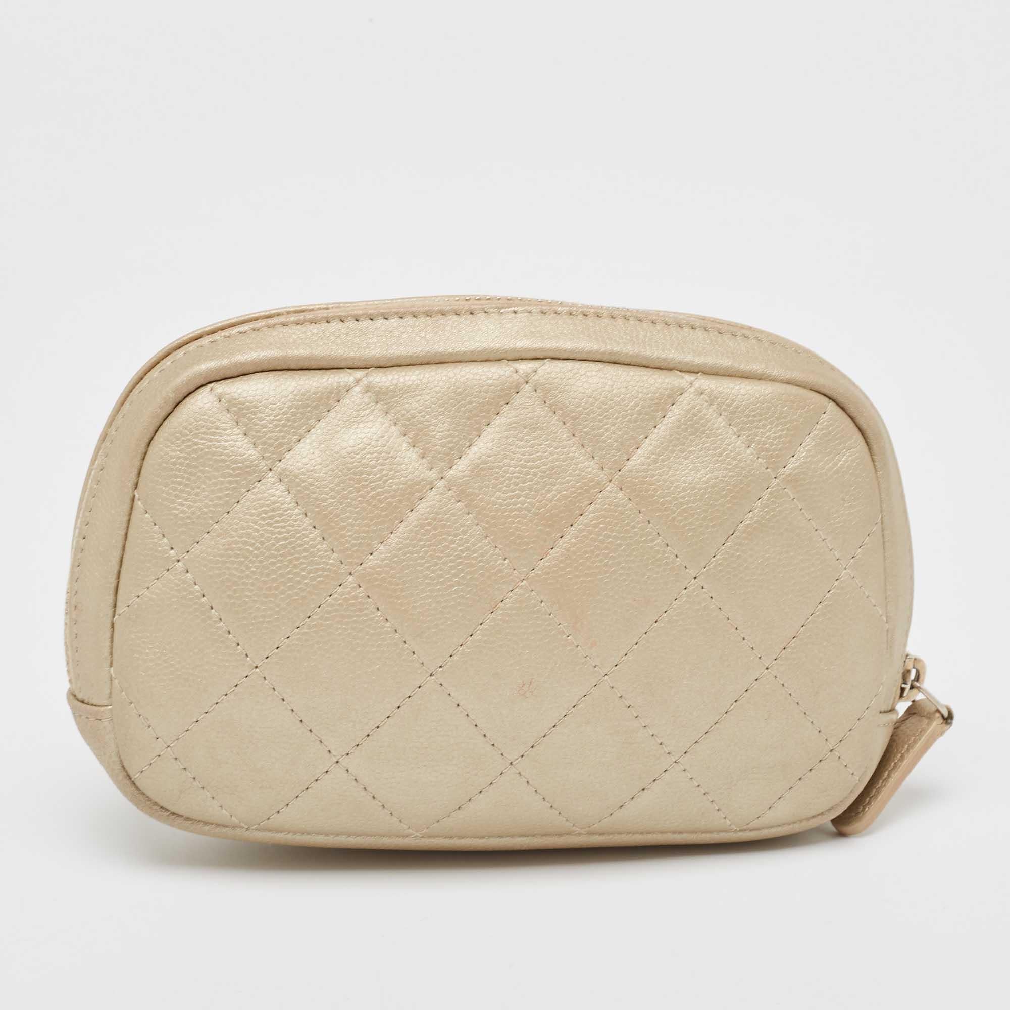 Women's Chanel Beige Quilted Leather Cosmetic Pouch