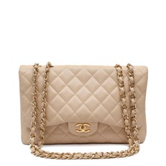 Chanel Beige Quilted Leather Jumbo Classic Double Flap Bag with Gold Hardware