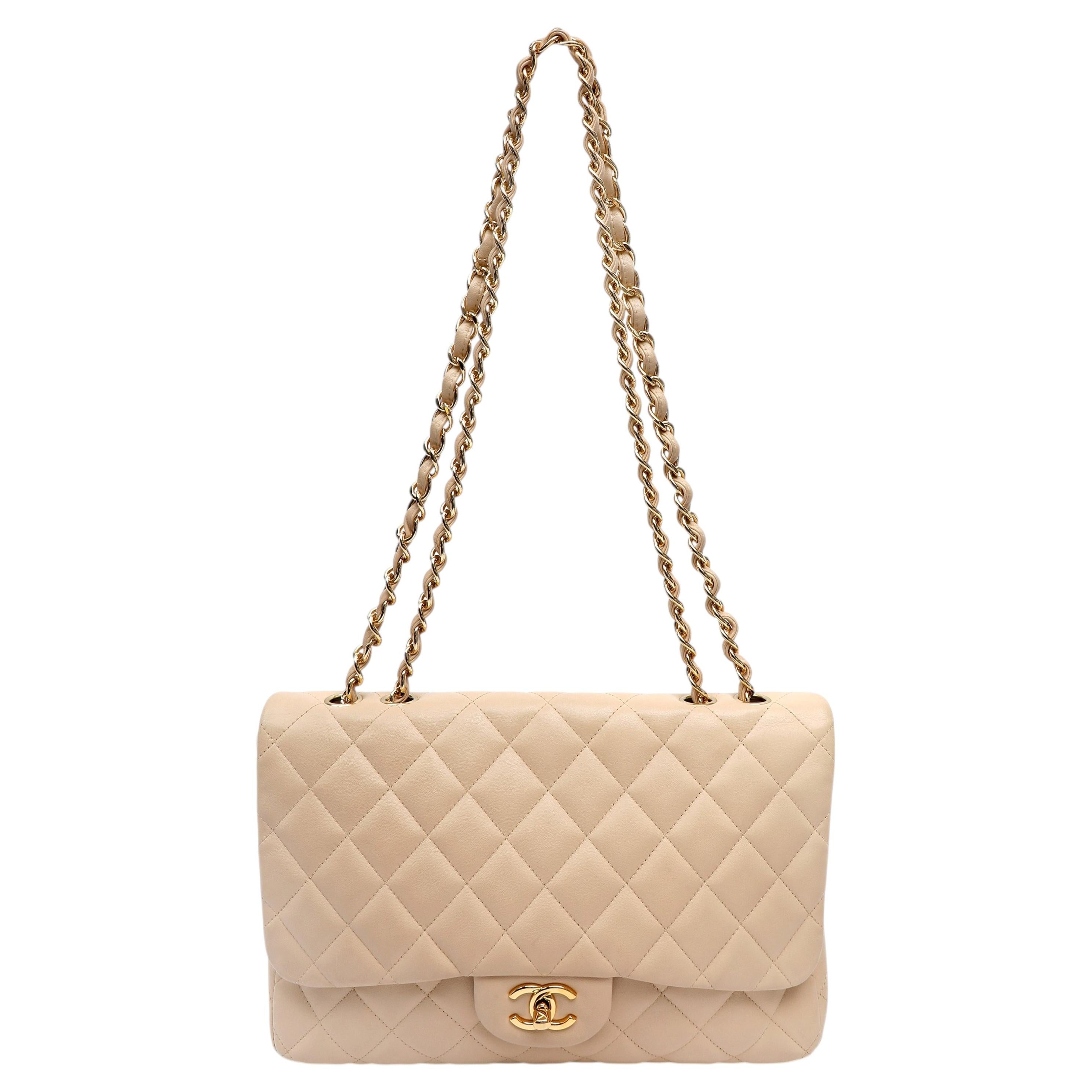 Chanel Beige Quilted Lambskin Jumbo Classic Single Flap Bag with Gold Hardware