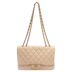 Chanel Beige Quilted Leather Jumbo Classic Double Flap Bag with Gold Hardware