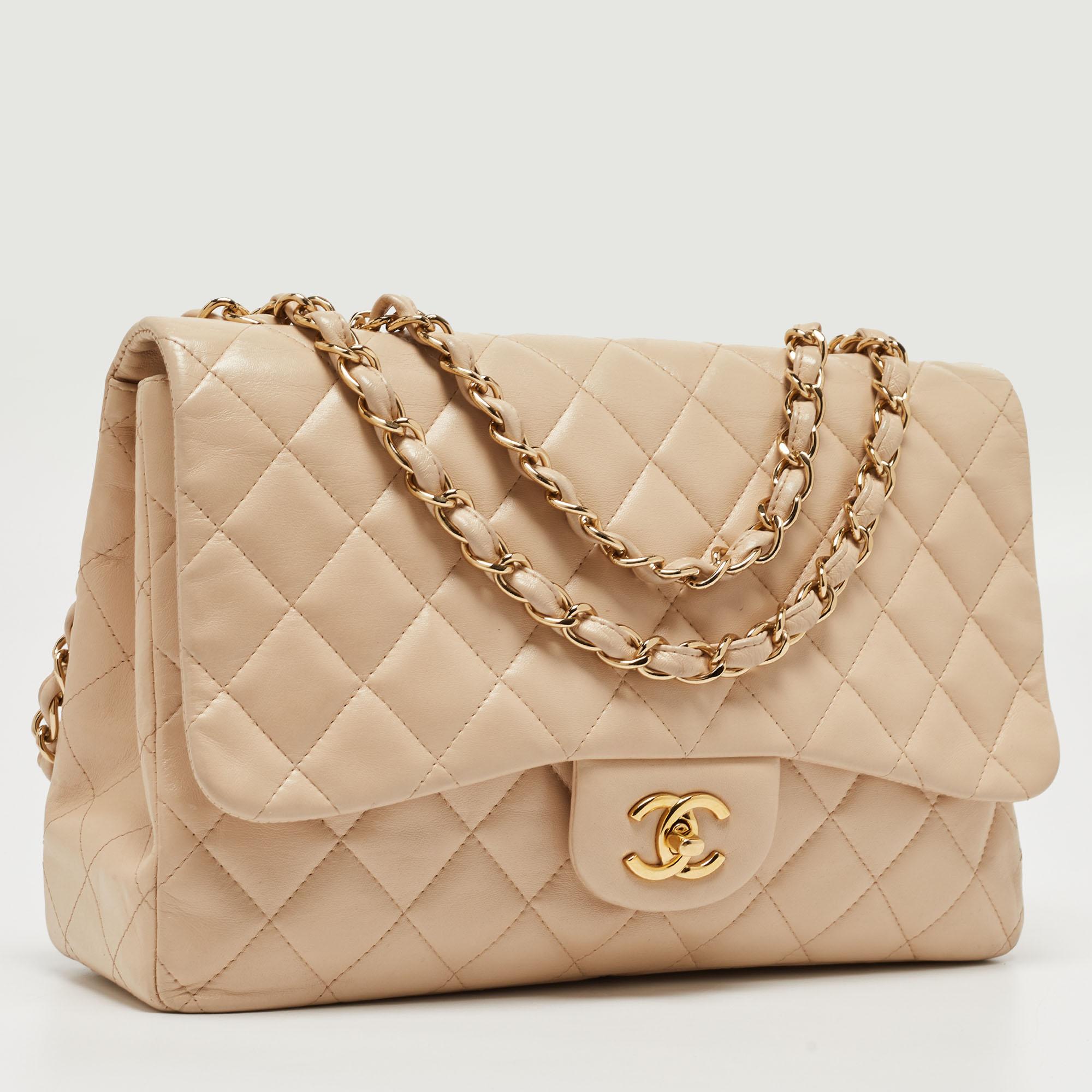 Women's Chanel Beige Quilted Leather Jumbo Classic Single Flap Bag