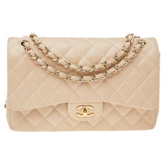 Chanel 13161338 Beige Caviar Jumbo Single Flap Gold Hardware - The