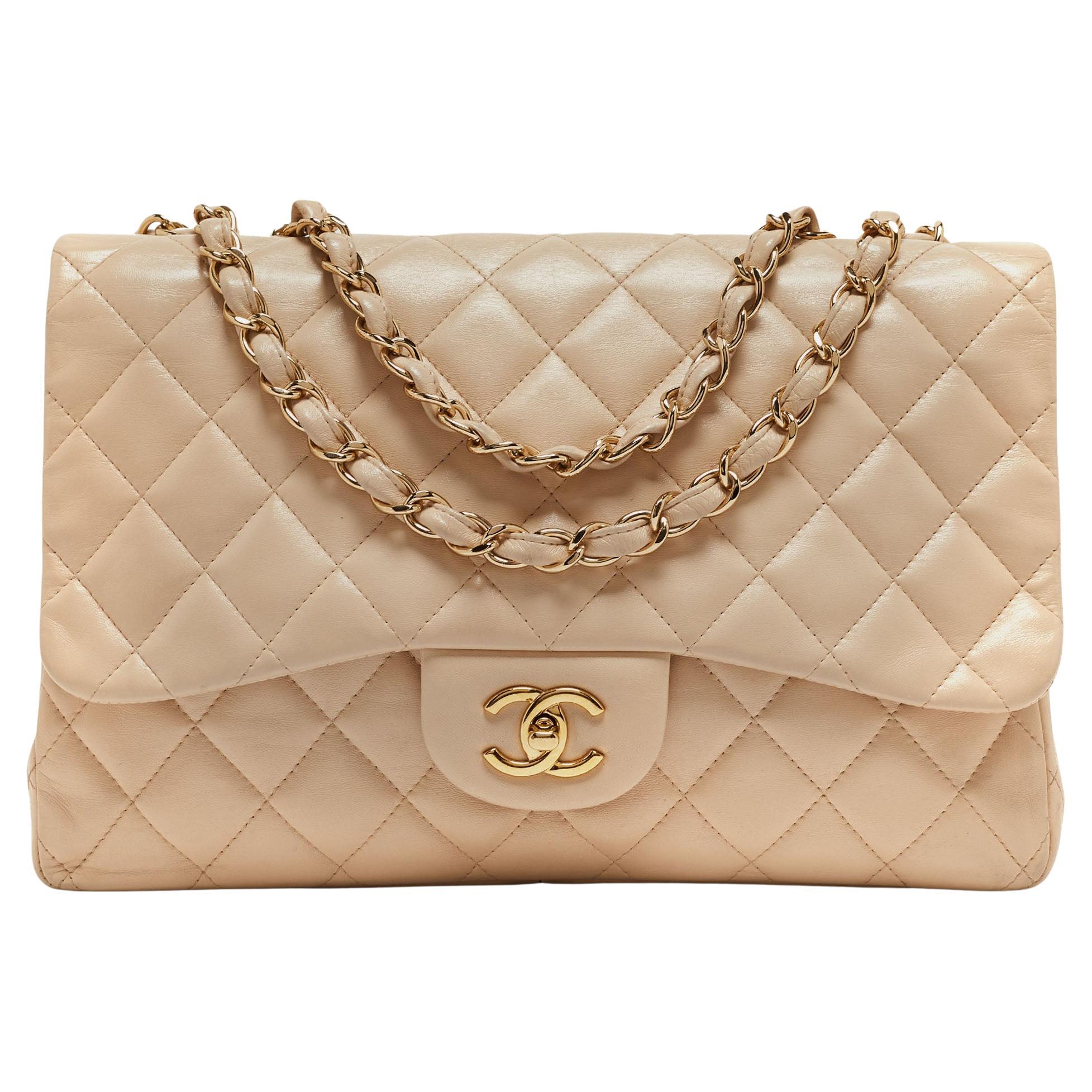 Chanel Beige Quilted Leather Jumbo Classic Single Flap Bag