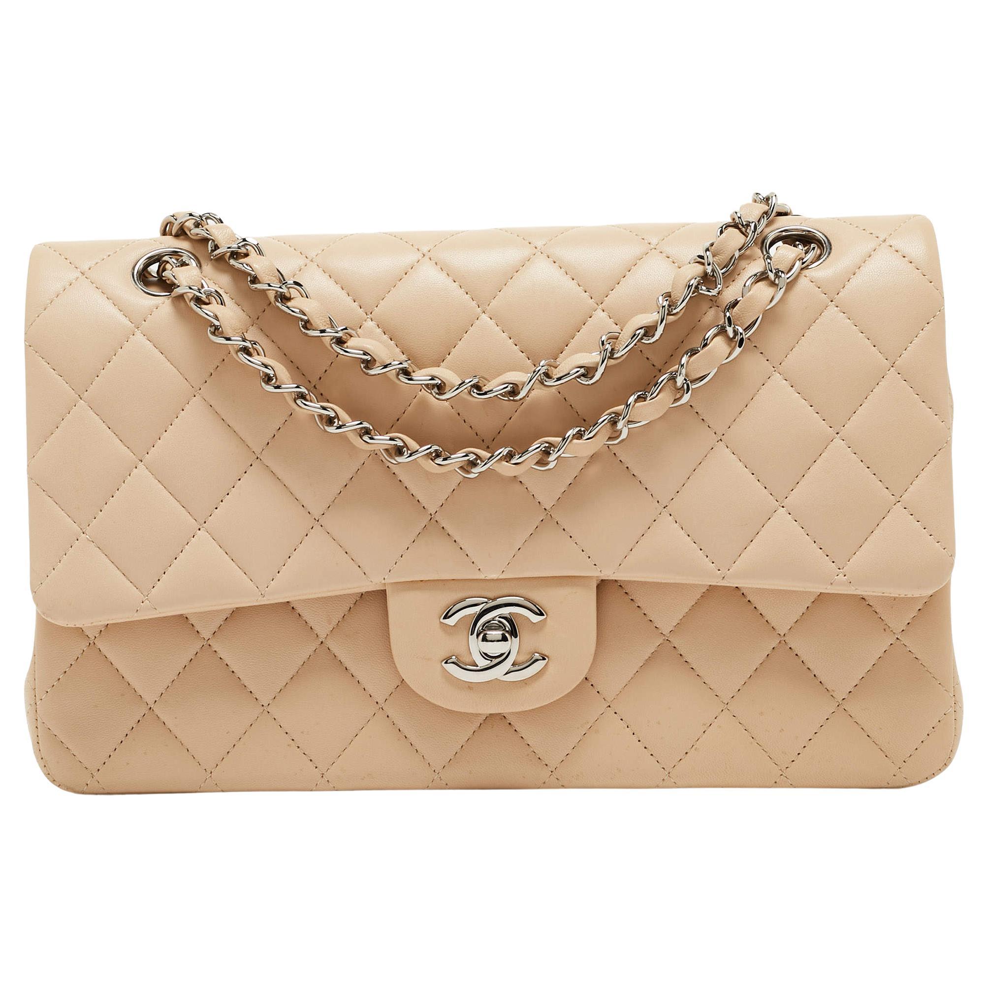 Chanel Beige Quilted Leather Medium Classic Double Flap Bag For Sale