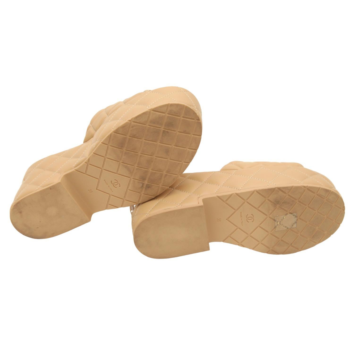 CHANEL Beige Quilted Leather Mule Wedge Platform Sandal Gold CC Logo Sz 38 2023 6