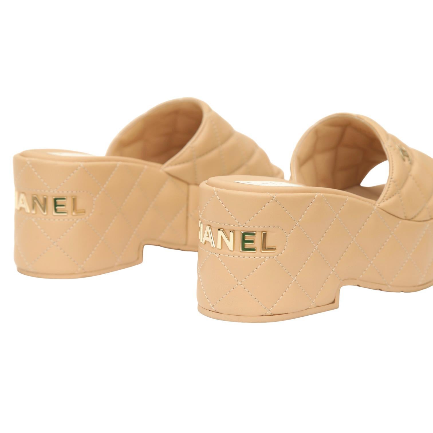 CHANEL Beige Quilted Leather Mule Wedge Platform Sandal Gold CC Logo Sz 38 2023 3