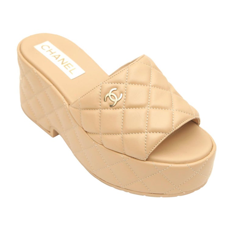 CHANEL Beige Quilted Leather Mule Wedge Platform Sandal Gold CC