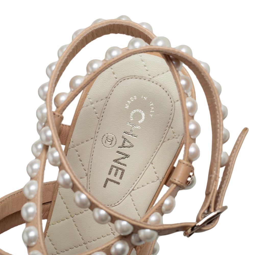 Women's Chanel Beige Quilted Leather Pearl Embellished Ankle Strap Sandals Size 37.5