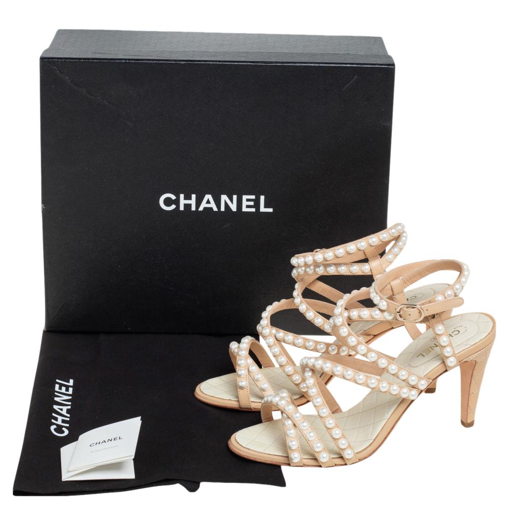 Chanel Beige Quilted Leather Pearl Embellished Ankle Strap Sandals Size 37.5 1