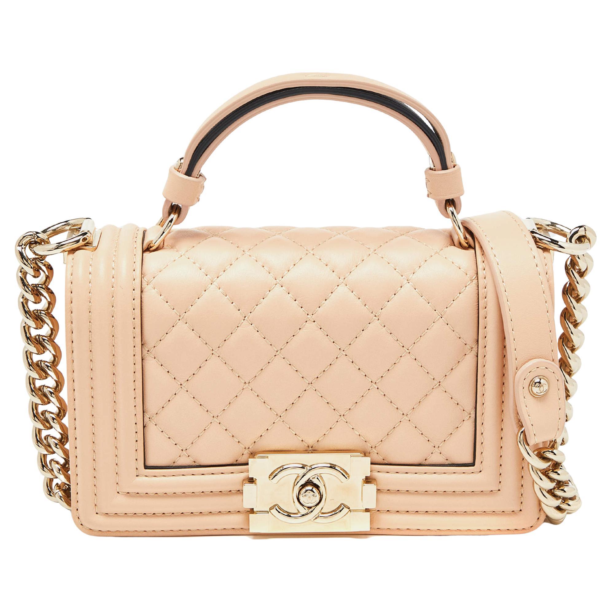 Chanel Beige Quilted Leather Small Boy Top Handle Bag For Sale