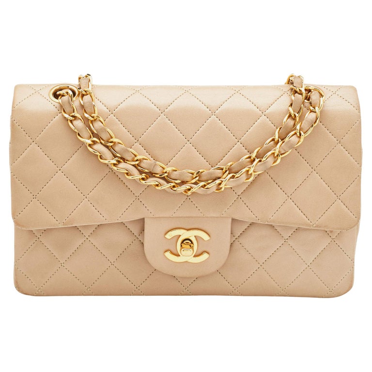 Chanel Beige Quilted Leather Small Vintage Classic Double Flap Bag For Sale  at 1stDibs