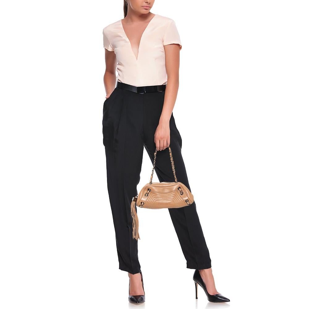 Chanel Beige Quilted Leather Tassel Shoulder Bag In Good Condition In Dubai, Al Qouz 2