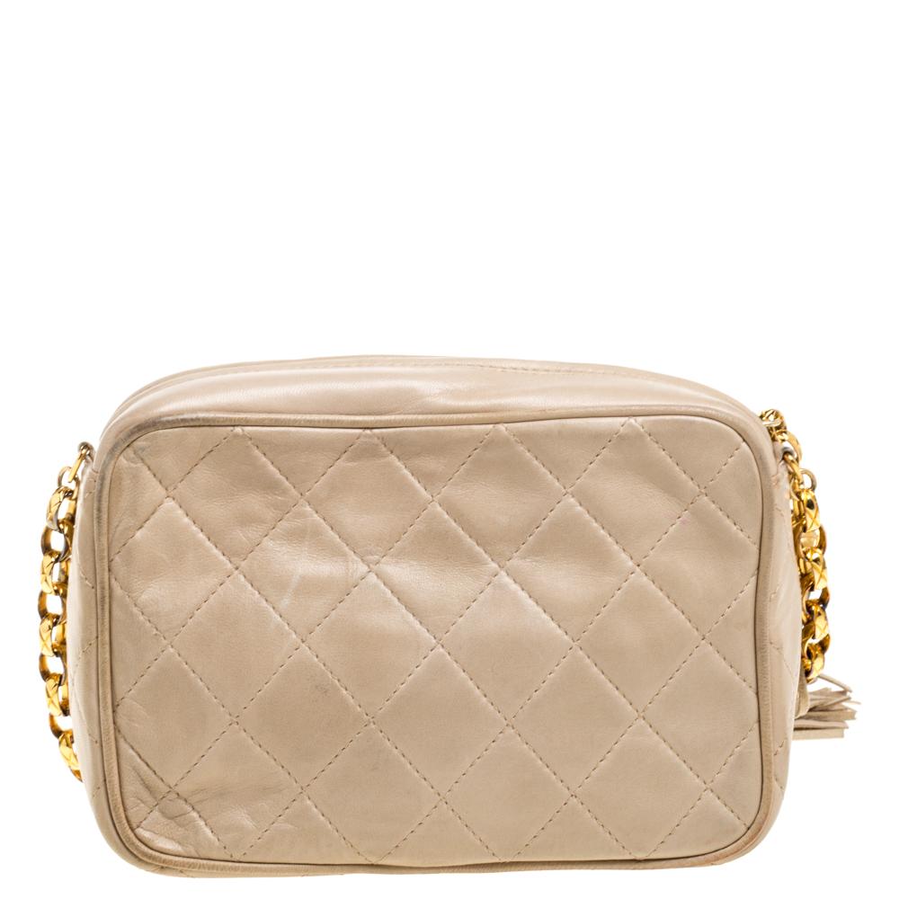 Women's Chanel Beige Quilted Leather Vintage CC Tassel Camera Bag