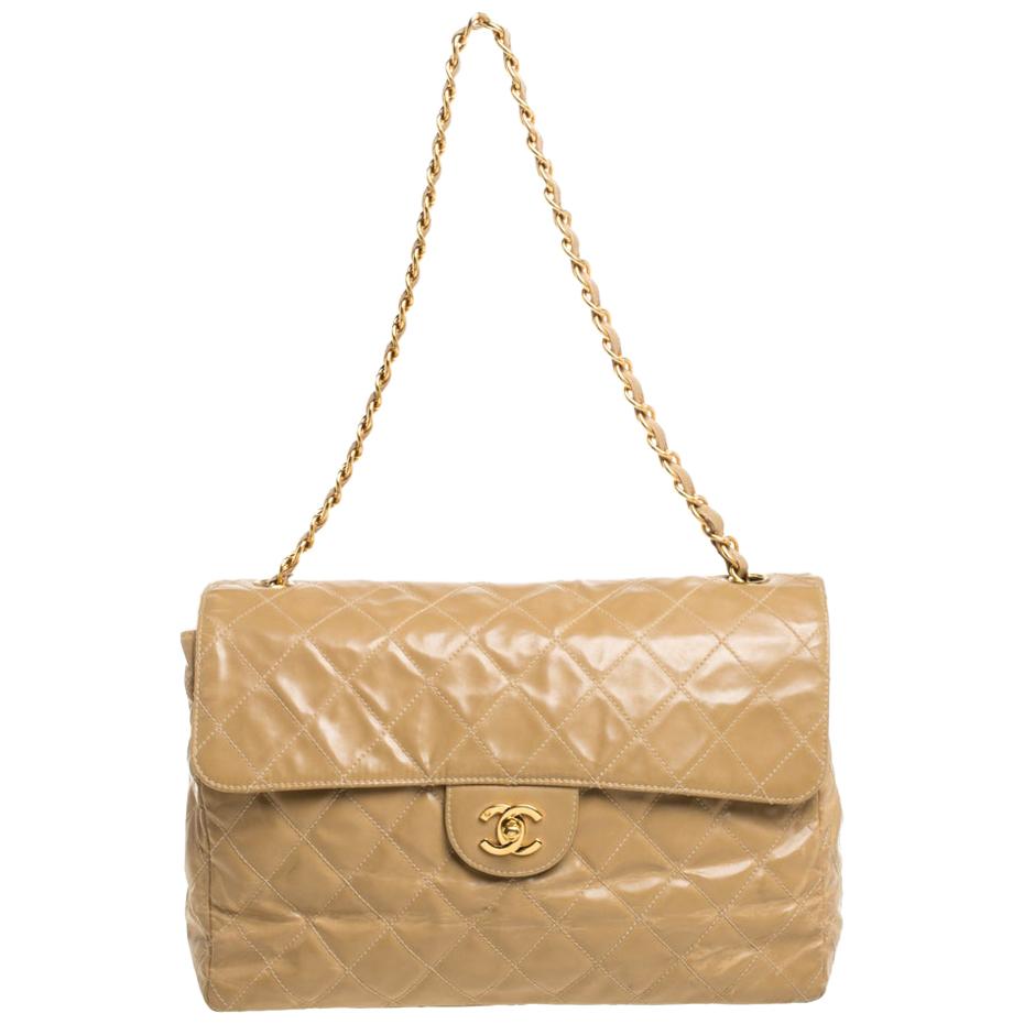 Chanel Beige Quilted Leather Vintage Jumbo Single Flap Shoulder Bag