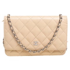 Chanel Beige Quilted Leather Wallet On Chain