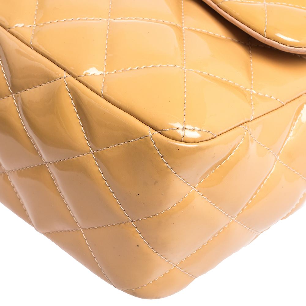 Chanel Beige Quilted Patent Leather Jumbo Classic Double Flap Bag 4