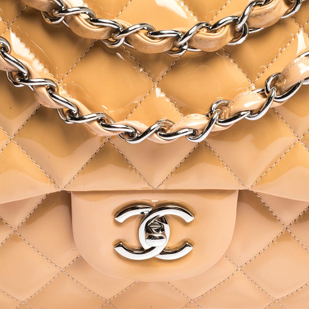 Chanel Beige Quilted Patent Leather Jumbo Classic Double Flap Bag 5