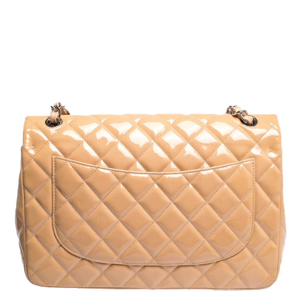 Orange Chanel Beige Quilted Patent Leather Jumbo Classic Double Flap Bag