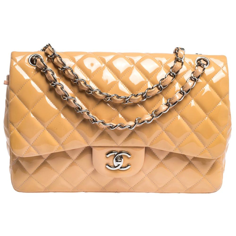 Chanel Beige Quilted Patent Leather Jumbo Classic Double Flap Bag