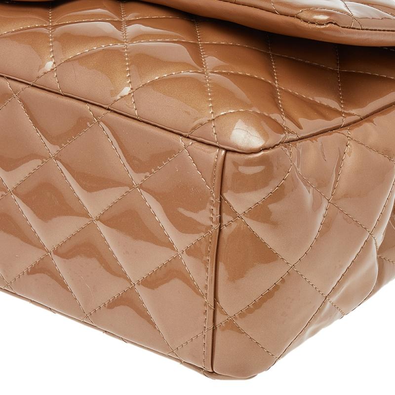 Chanel Beige Quilted Patent Leather Maxi Classic Double Flap Bag 4