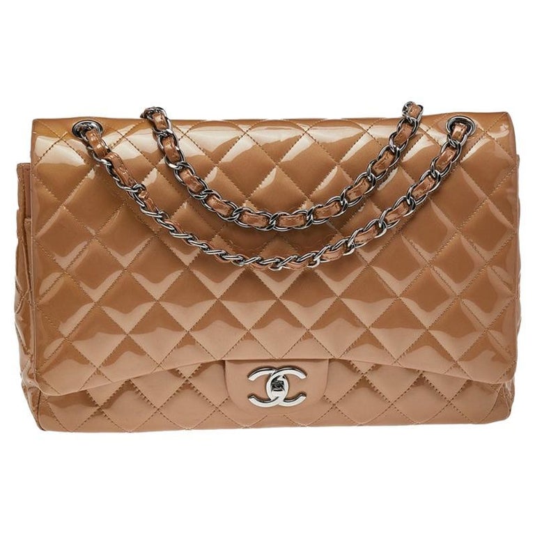 Chanel Beige Quilted Patent Leather Maxi Classic Double Flap Bag at 1stDibs