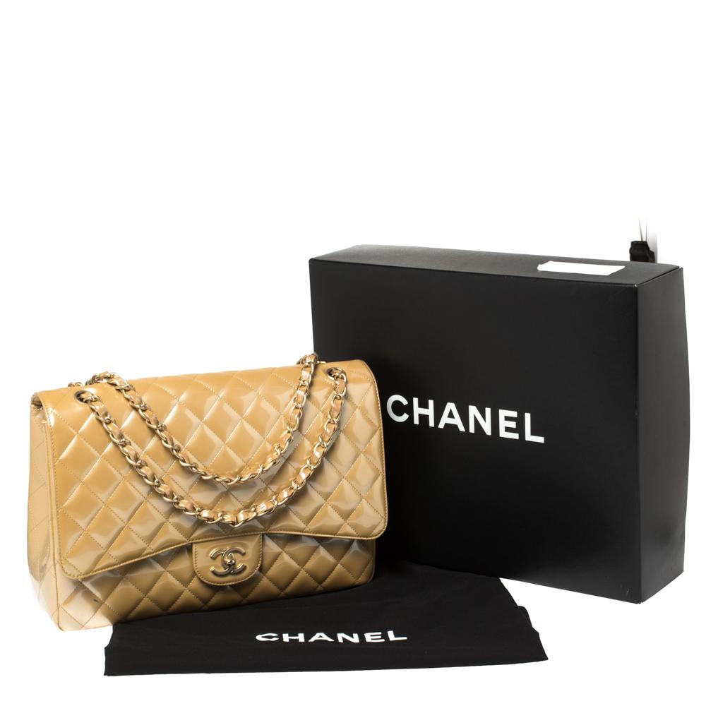 Chanel Beige Quilted Patent Leather Maxi Classic Single Flap Bag 4