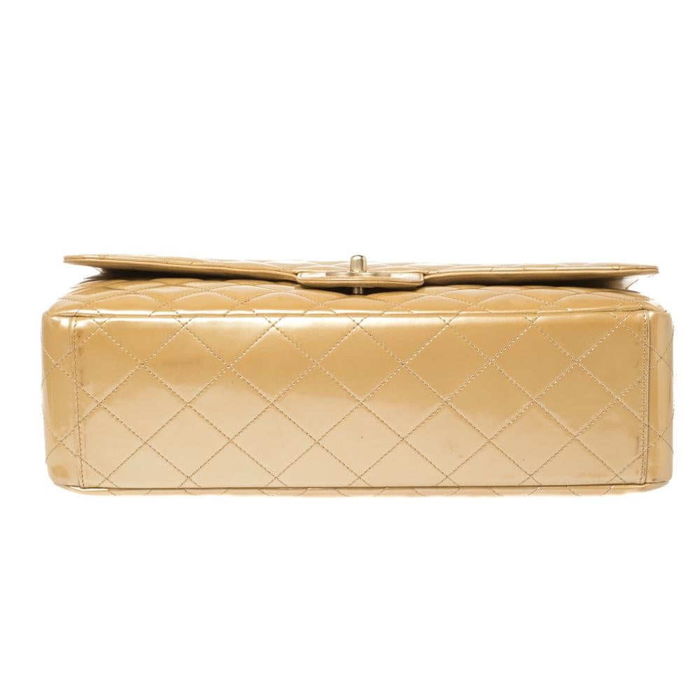 Chanel Beige Quilted Patent Leather Maxi Classic Single Flap Bag 3