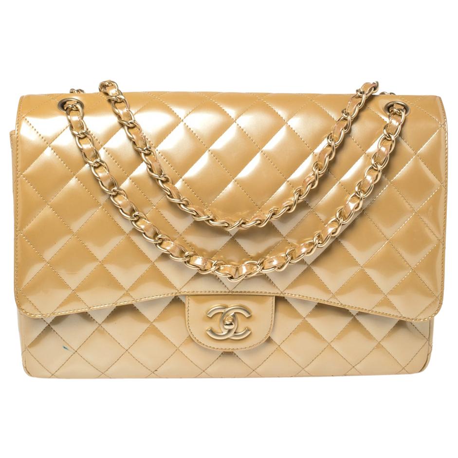 Chanel Beige Quilted Patent Leather Maxi Classic Single Flap Bag at 1stDibs